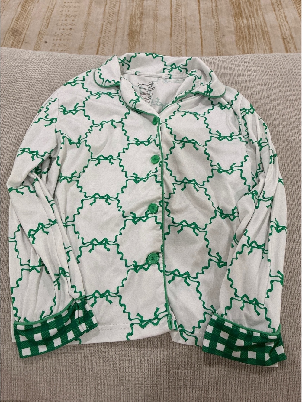 Jessica Simpson Women's Two-Piece Pajama Set Size 10 Green and White Pattern